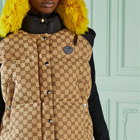 gucci puff set|GG cotton canvas puffer vest in camel and brown.